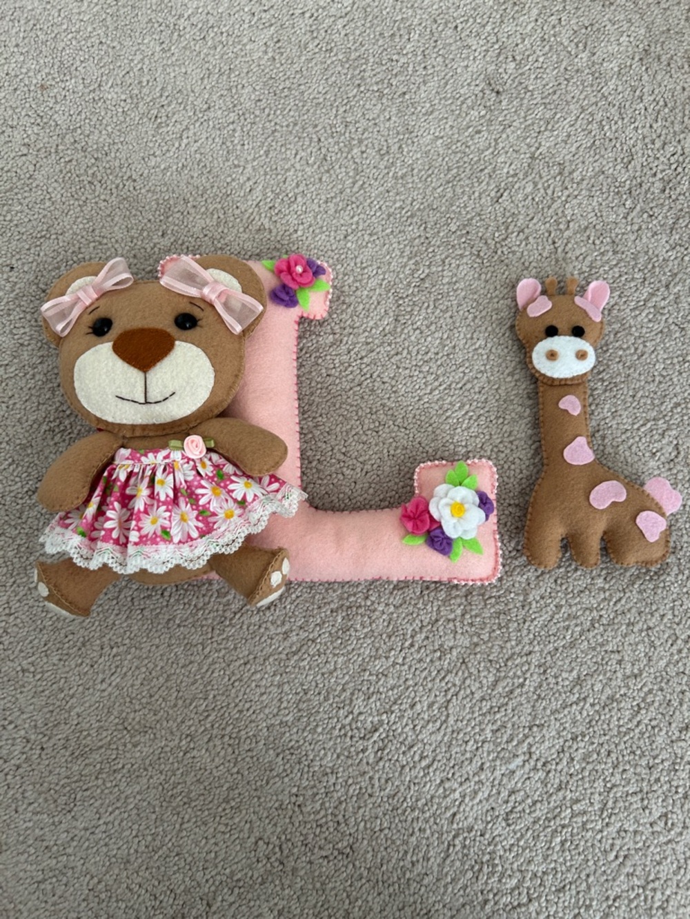 New Floral Pink and Brown Teddy Bear Letter “L” Plush with flowers decor